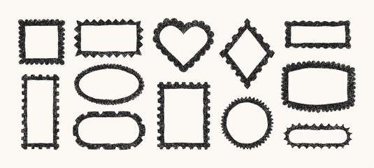 Crayon Postage Frames Set. Vector Hand Drawn Chalk Postal Stamp in Retro Style. Doodle Abstract Postage Shapes Border Template is Different Forms Rhomb, Rectangle, Oval, Heart for Letter, Post Card.