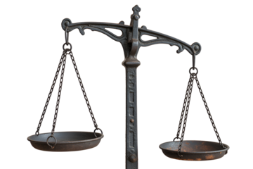 Antique balance scale with two empty pans isolated on transparent background