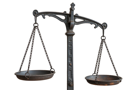 Antique balance scale with two empty pans isolated on transparent background