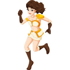 Pixel Art Running Woman In Warrior Costume With White Skirt And Gold Accents And Brown Gloves And Boots