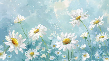 Blooming white daisies in watercolor field with soft blue sky and dreamy atmosphere