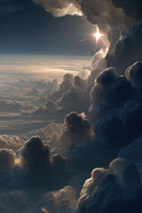 Colossal sculpted cumulonimbus clouds climbing toward a luminous star above a curved planetary horizon at sunrise
