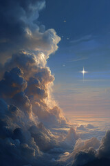 Colossal sculpted cumulonimbus clouds climbing toward a luminous star above a curved planetary horizon at sunrise