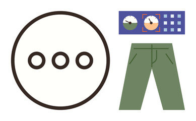 Minimal circle with three dots, abstract panel with dials, green pants emphasizing progression. Ideal for process flow, decision-making, anticipation, minimal design, abstract thought, logical