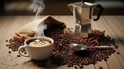 Delicious steaming latte art and coffee beans with brewing equipment on wooden surface - Powered by Adobe