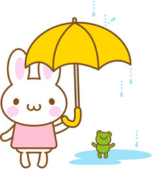 うさぎのキャラクターが雨の日に傘を持って水溜りのカエルに傘をさしているイメージイラスト