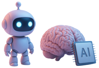 Cute cartoon robot with glowing blue eyes next to a realistic human brain and AI chip artificial intelligence isolated on a transparent background