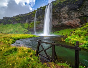 Picturesque Seljalandsfoss Waterfall in Iceland with Lush Greenery and Wooden Fence.