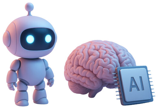 Cute cartoon robot with glowing blue eyes next to a realistic human brain and AI chip artificial intelligence isolated on a transparent background