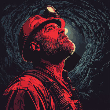 A miner pauses, catching his breath in the dim light, before resuming his work in the deep mine tunnels. , vector style simple color