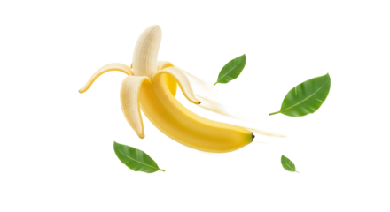 Fresh Peeled Banana with Green Leaves on White Background