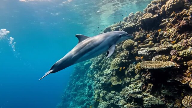 Dolphin's playful underwater antics next to vibrant coral reef ecosystem footage
