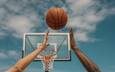 Exciting basketball game with competitive players reaching for the ball against a vibrant sky, perfect for sports promotions and athletic campaigns