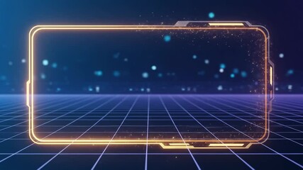 Futuristic glowing frame with particles on a grid for tech presentations or digital display.