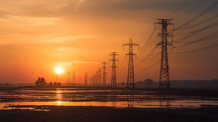 Power Lines at Sunset Over Flooded Field, Orange Sky Reflection