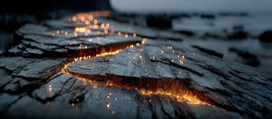 Cracks in rock glow with a warm light, leading to the blurry ocean