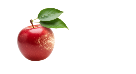 Vibrant red apple with fresh green leaves, featuring a subtle natural blemish on its skin, presented on a clean white background, highlighting fresh produce and healthy eating