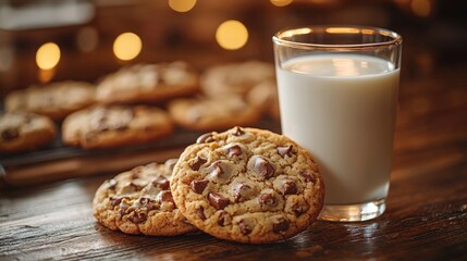 Homemade chocolate chip cookies with milk.  Freshly baked cookies resting on a wooden table next to a glass of milk. Soft focus background with warm lighting