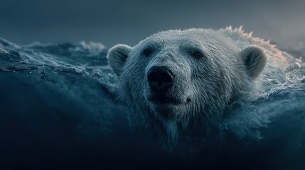 Majestic polar bear swims through frigid ocean waves, focused gaze