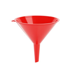 Bright red plastic funnel isolated for pouring liquids and powders easily isolated on transparent background