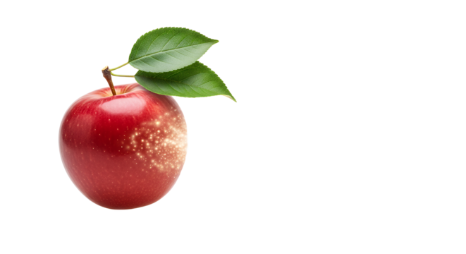 Vibrant red apple with fresh green leaves, featuring a subtle natural blemish on its skin, presented on a clean white background, highlighting fresh produce and healthy eating