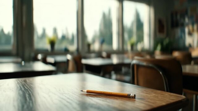 Empty classroom desk with pencil bathed in natural light