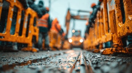Construction scene excavator, workers, wet street, barriers, shallow focus
