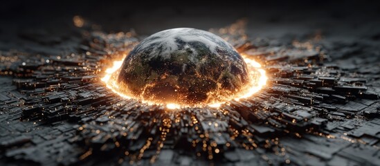 Globe encased in erupting fiery energy, surrounded by dark, cracked structures