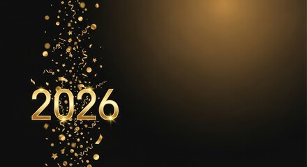 Sparkling golden 2026 year with festive confetti on elegant black background