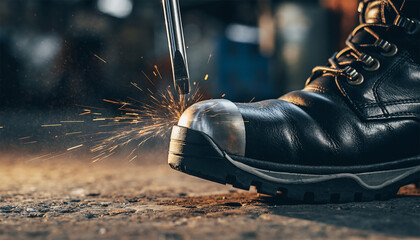 Sharp tool creating sparks on protective safety boot demonstrating puncture resistance