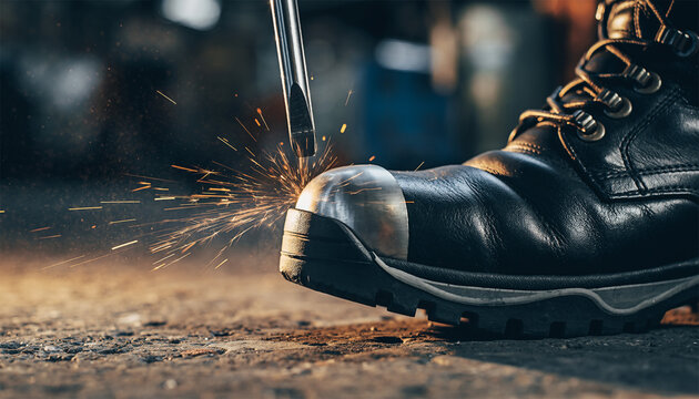 Sharp tool creating sparks on protective safety boot demonstrating puncture resistance