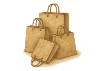 Group of brown paper shopping bags, kraft material, indicating retail, consumerism, and eco-friendly packaging