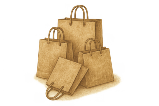 Group of brown paper shopping bags, kraft material, indicating retail, consumerism, and eco-friendly packaging