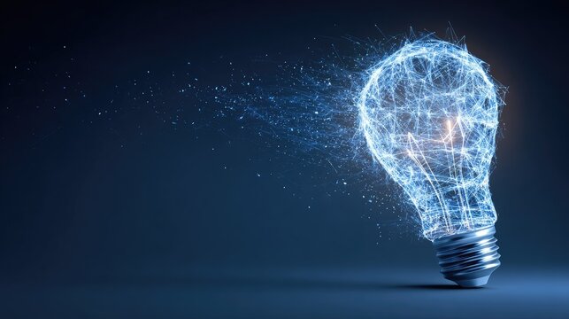 Futuristic Digital Light Bulb with Electric Sparks and Dynamic Energy Effects Against Dark Background