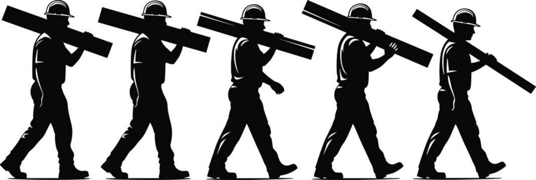 Construction worker silhouette set, man carrying heavy beam, walking laborer in hard hat, industrial building team, isolated vector graphic, manual labor concept.