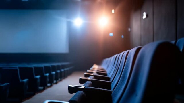 Empty cinema hall with projector light and blue seats