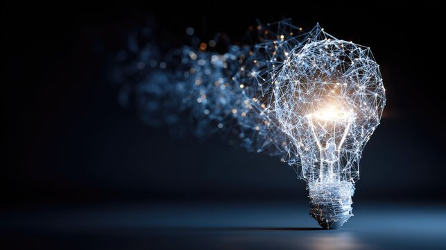 Abstract Representation of Light Bulb Formed from Connected Lines and Particles Emitting Bright Light in Dark Background