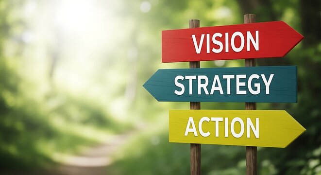 Signpost pointing to vision, strategy, and action in a lush green forest