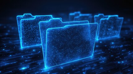 Digital Representation of Transparent Folders with Glowing Effects on a Dark Background in High-Tech Environment