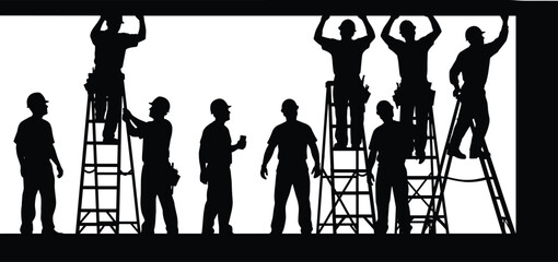 Construction worker silhouette set, team of builders on ladders with hard hats and tools, renovation and building site, teamwork vector illustration, isolated white.