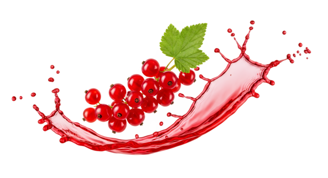 Vibrant red currants splashing into a burst of rich red juice, creating a dynamic and refreshing visual
