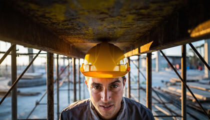 Male construction worker in yellow safety helmet under concrete scaffolding structure