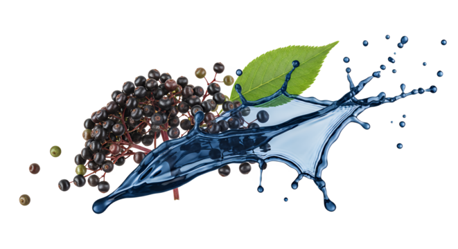 Fresh elderberries splashing into a clear liquid, with a vibrant green leaf adding a natural touch to this healthy beverage ingredient