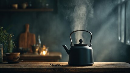 A moody scene with a black kettle as the central focus, with subtle lighting highlighting the rising steam