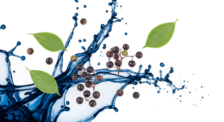 Vibrant composition of fresh dark berries and green leaves erupting from a powerful blue liquid splash, conveying energy and organic purity