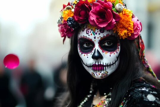 Close-up of woman in Day of the Dead makeup with flower crown