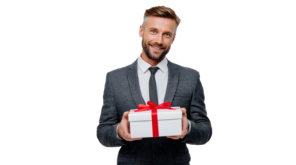 man in formal suit holding a gift box with red ribbon, isolated background