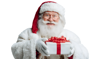 santa claus holding a festive gift box with red ribbon, isolated background