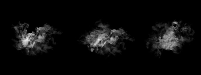 High-contrast white smoke clouds swirling on a pure black background, ideal for illustrating vapor mist fog effects mystery themes atmosphere elements and abstract textures in commercial stock designs