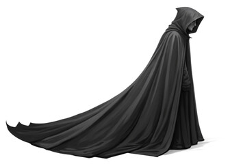 Naklejka premium A Figure in the Cloak: The shrouded figure in an enveloping black cloak, creating a sense of mystery and intrigue. The image evokes a somber and mysterious mood. 